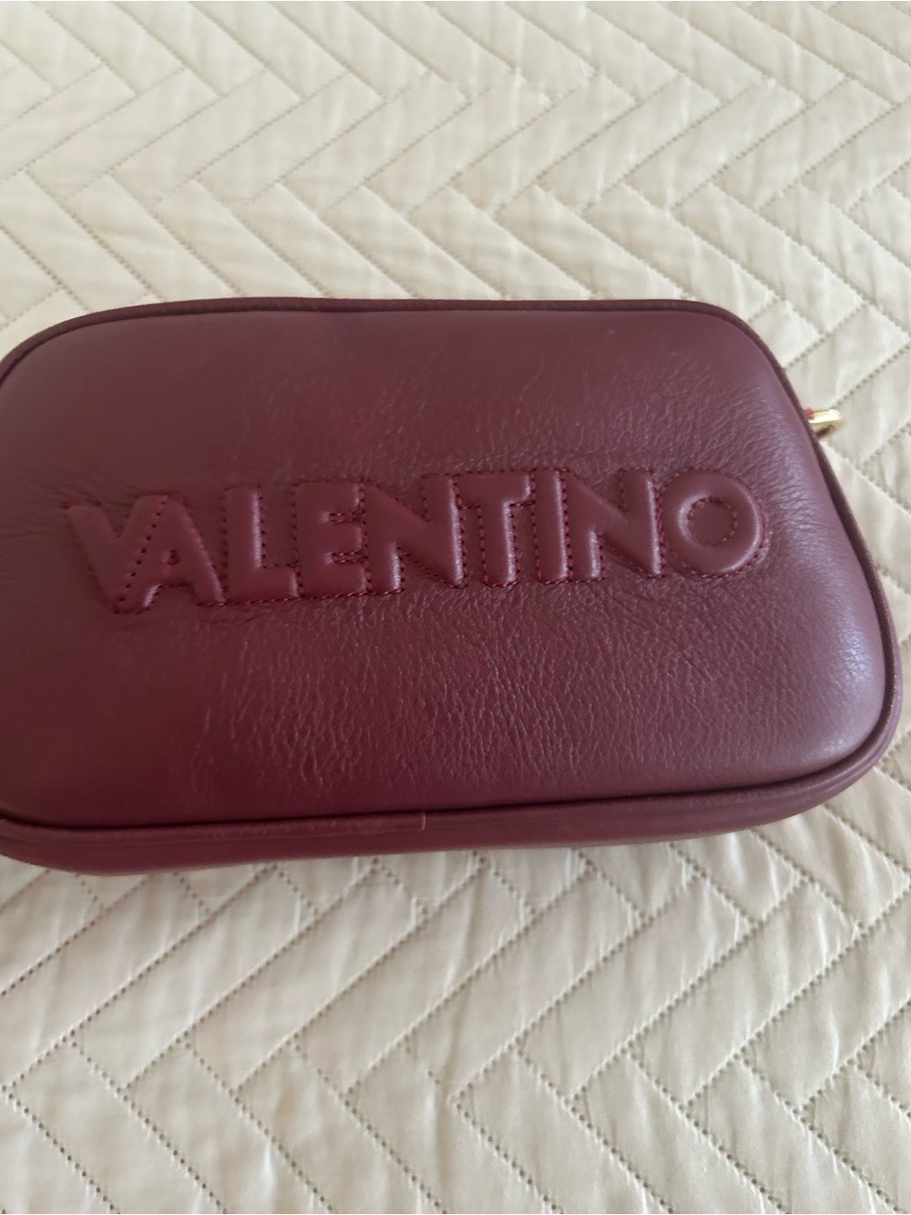 Valentino Burgundy Leather Embossed Logo Toiletry Pouch